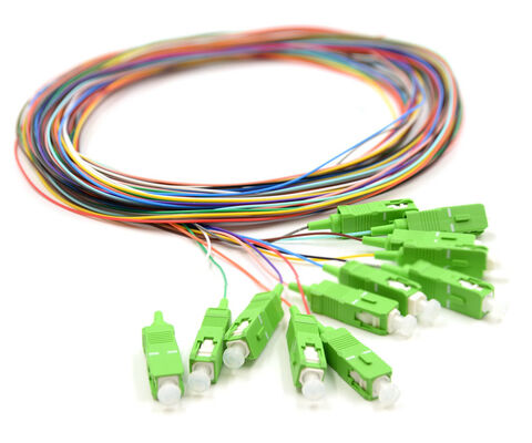 Conjunto de tranças de fibra óptica de 12 cores SC/APC – codificado por cores para fácil identificação, conectorizado em uma extremidade, fibra nua em uma extremidade, para caixas de terminação, emendas e conexão de equipamentos