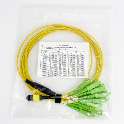 fêmea dos núcleos MPO MTP da manutenção programada 9/125 G657A 12/24 de 3.0mm ao cabo do Fanout da fibra ótica do SC