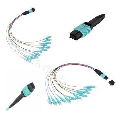 OM3 núcleos MPO do cabo de remendo 12/24 do Aqua MPO ao cabo da fibra do chicote de fios do LC