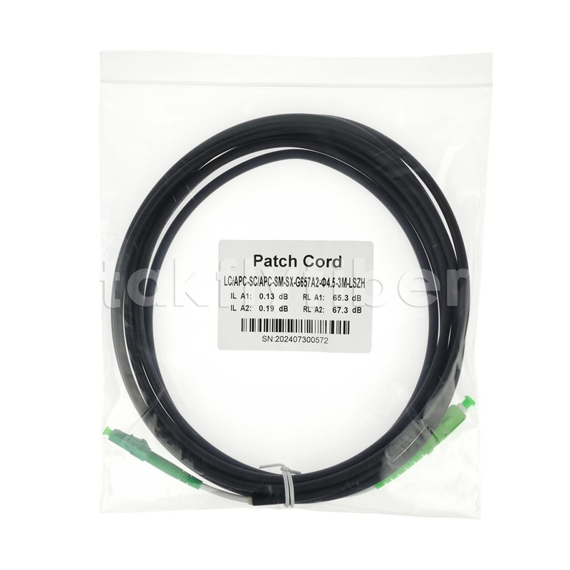 Telecom Grade CPR Dca Certificado 4.5mm Duplo Protector Fibra Óptica Patchcord SM G657AB3 LSZH Colete Preto SCAPC para LCAPC