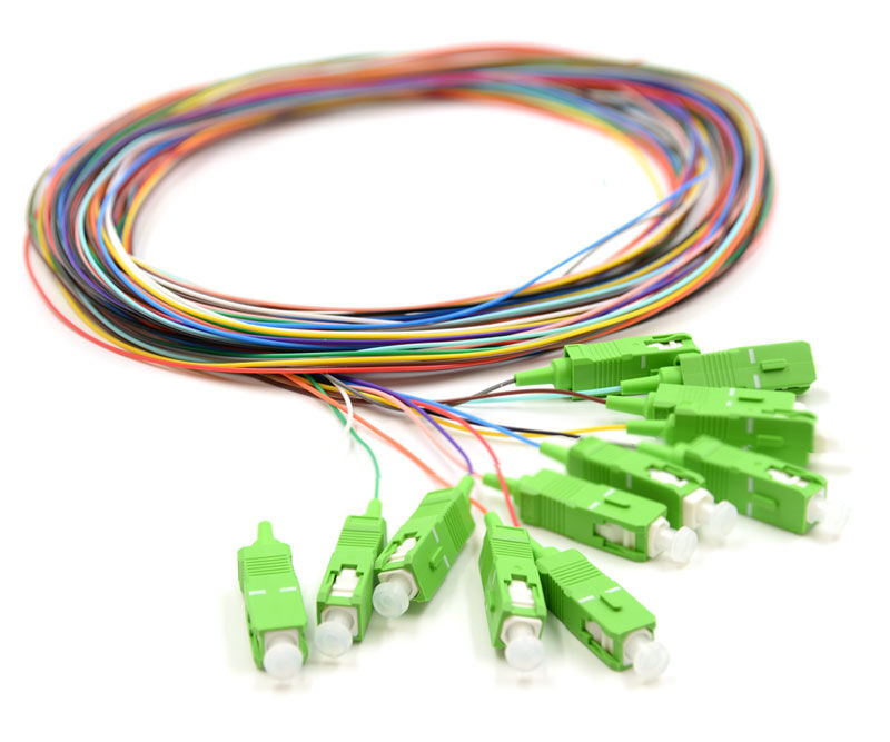 Conjunto de tranças de fibra óptica de 12 cores SC/APC – codificado por cores para fácil identificação, conectorizado em uma extremidade, fibra nua em uma extremidade, para caixas de terminação, emendas e conexão de equipamentos